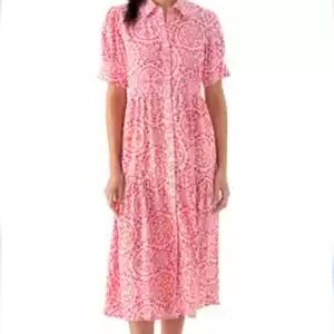 Crown & Ivy Pink and White Patterned Shell Print Button Maxi Dress NWT Sz Large